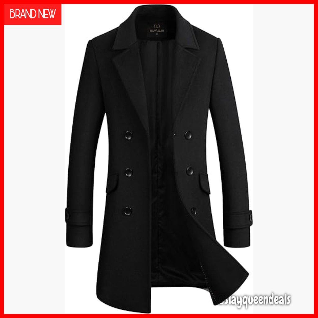 Slim Fit Wool Blend Pea Coat Double Breasted Long Coat Formal Casual